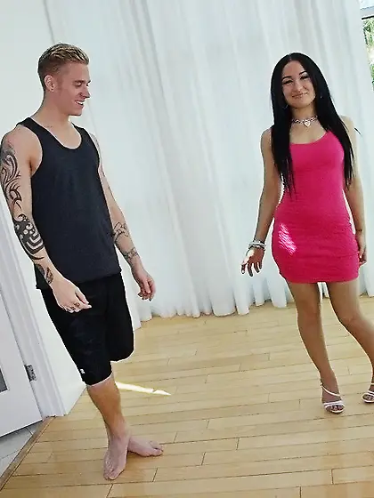 Sensational dark haired bimbo slurps a stiff wiener before being