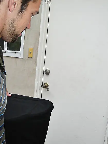 Oily brunette with stylish bangs gets banged on a massage table