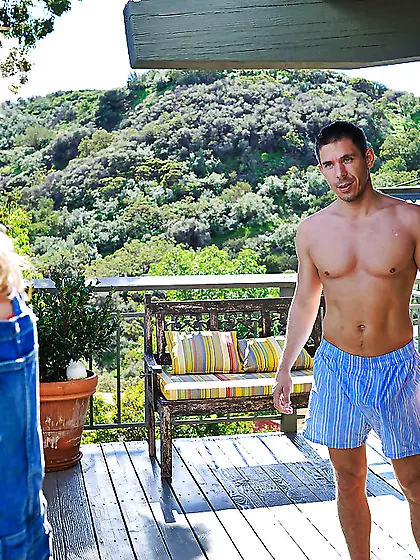 Horny woman in jeans strokes young man's dick with mouth and get