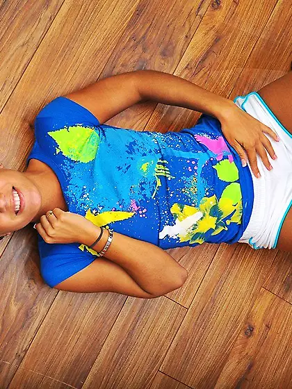 Teen doll Kara Novak in white and pink stockings gets undressed