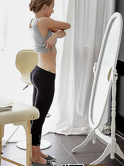 Blondie with an oily body wants to take his dick inside