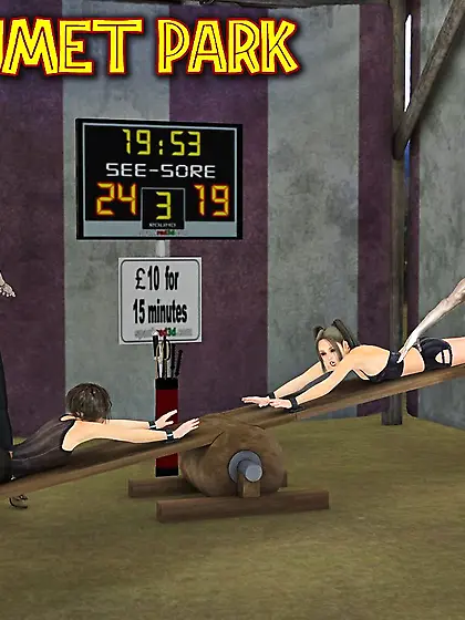 Girls on a teeter totter are bound and whipped