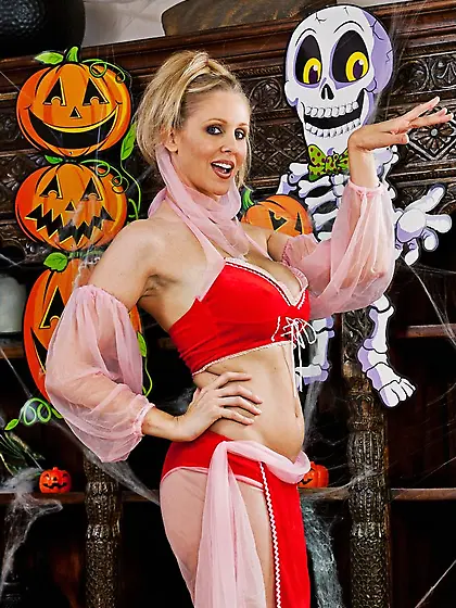 Julia Ann takes her sexy red lingerie off and jumps on her lover