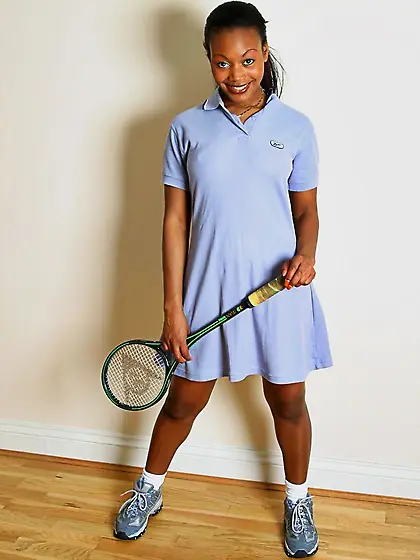 Black hottie Robyn S in blue tennis outfit shows her perky tits