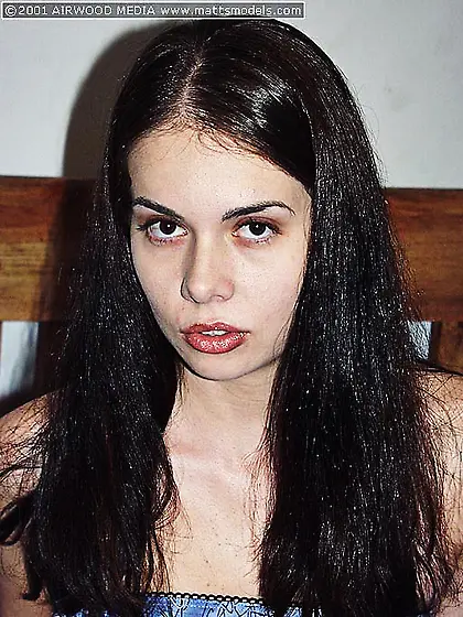 Slim brunette with hairless pussy Aimee Tyler takes off her blue