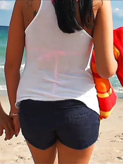 Hot brunette Bella Blaze in pink bikini is picked up at the beac