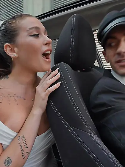 Tattooed bride gets fucked inside and outside the car