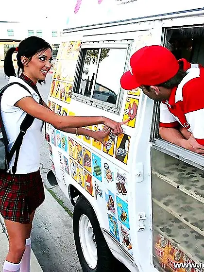 Petite schoolgirl Stephanie Cane enjoys the taste of big lollipo