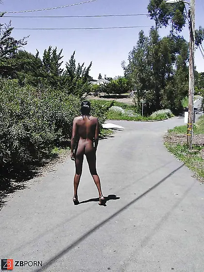 Dark-Hued sweetheart posing bare outside and in public