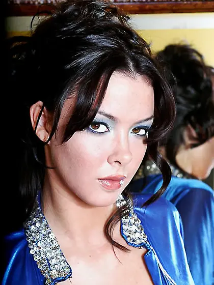 Busty brunette hottie Sophia Santi strips her satin shirt and sh