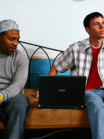 Blond materu rides black fatty rod.