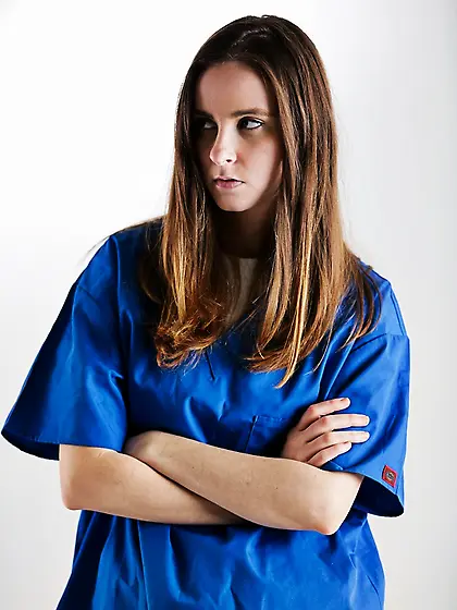 Shapeless blue outfit brunette