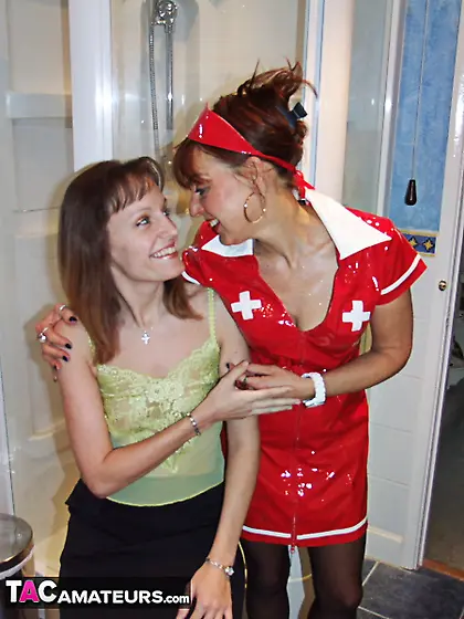 Brunette nurse red leathery