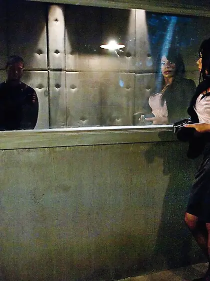 Busty bombshell black stockings