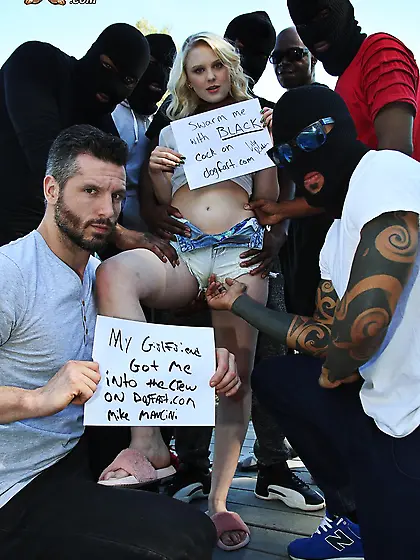 White bitch gets screwed by a crowd of black studs in front of t