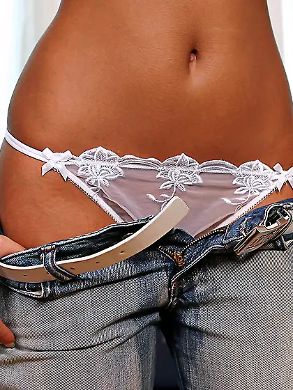 Blonde chick Belle Grey slides white panty aside and sexily touc