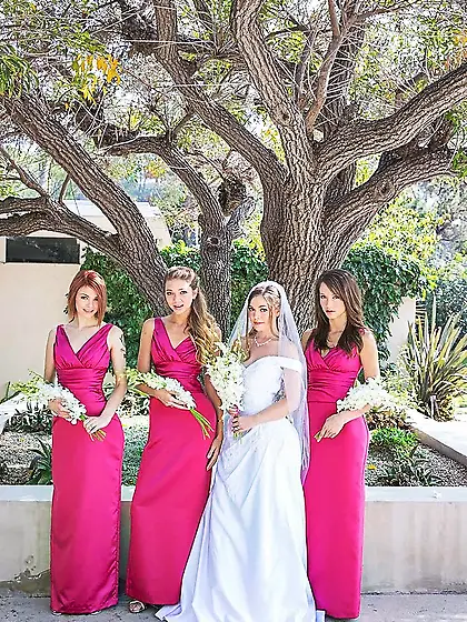 Girl in wedding dress and maids of honor adore having hot lesbia
