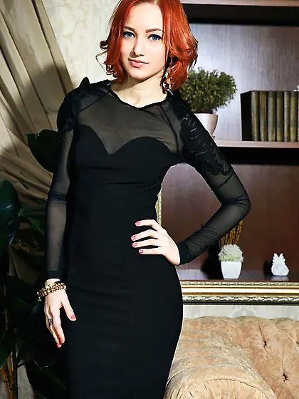 Petite red haired Anastasia Azul takes her black dress off and t