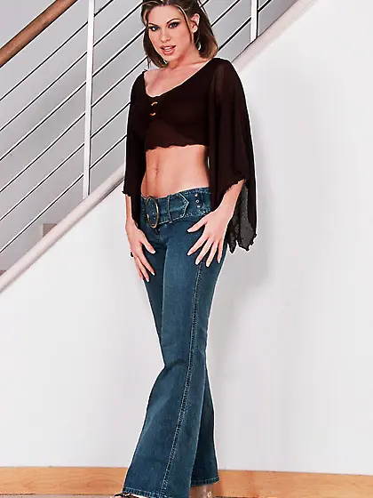 Hot blonde chick Jesse Twistys strips her blue jeans and fingers