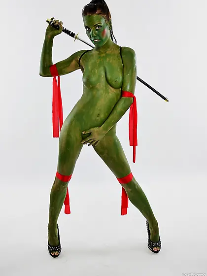 Wild brunette covered green