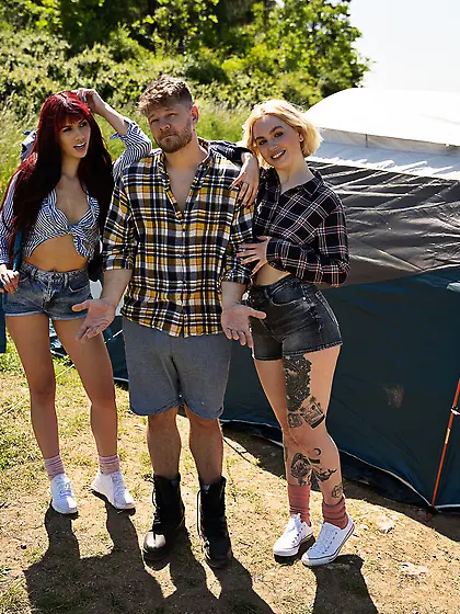 Sexy redhead babe with natural breasts gets fucked in a tent