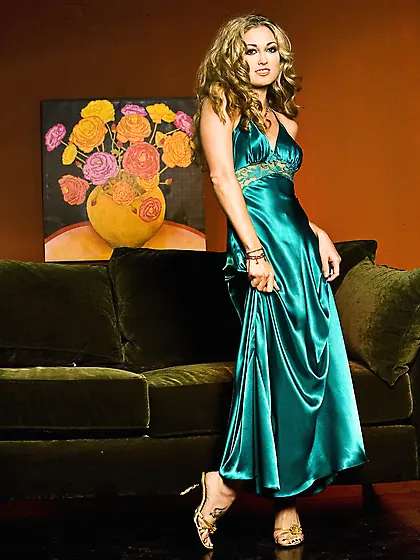 Busty blonde hottie Melissa Jacobs takes off her green gown and