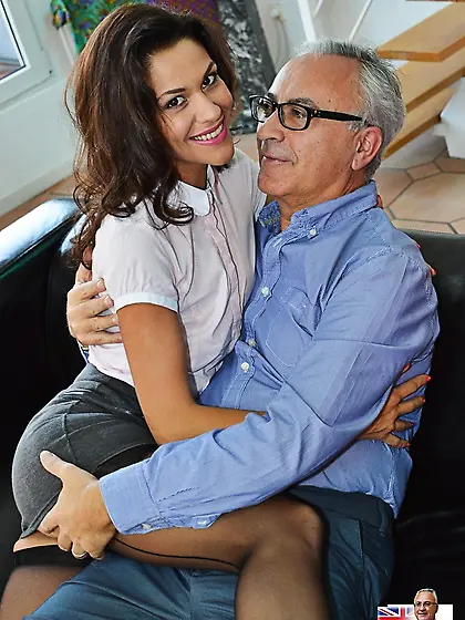 Latina in black stockings sucks penis and gets nailed by older p