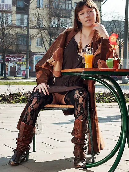 Hippie girl Red Eva opens western coat and reveals her pair of t