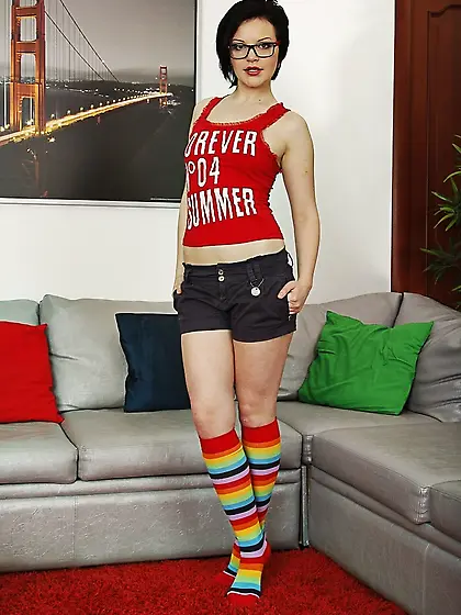 Short-haired brunette rainbow knee-highed