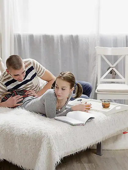 Coed with pigtails has to study but sex with her boyfriend is mo