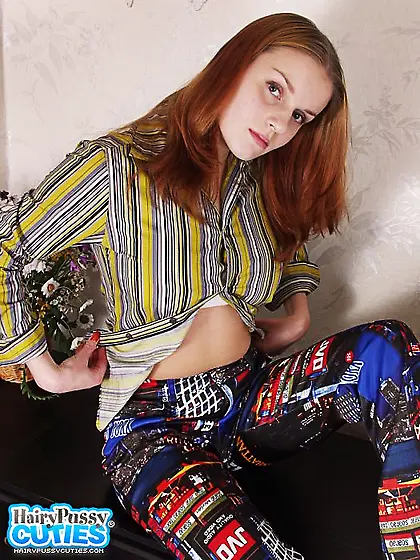 Busty redhead blue leggings