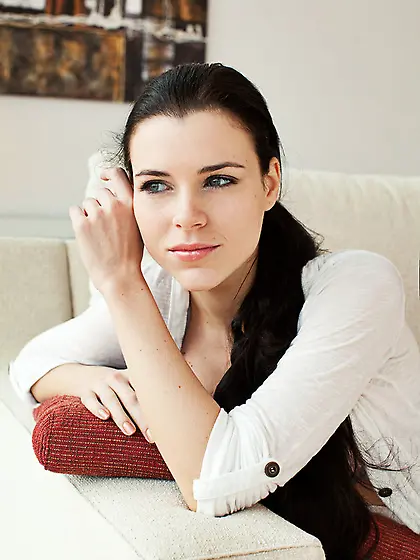 Brunette white blouse lacy
