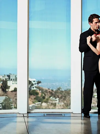 Elegant redhead red stripes