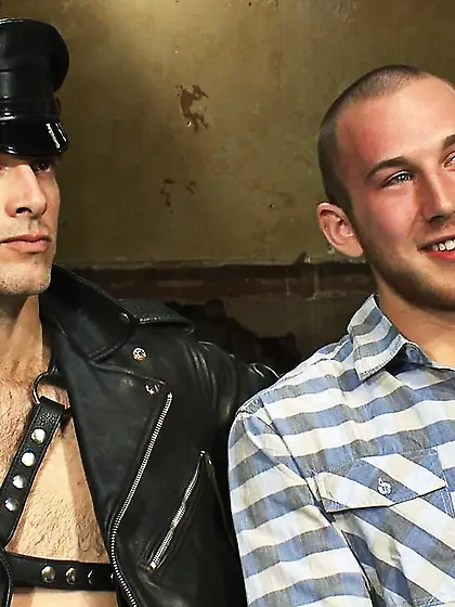 Horny master in black leather fucks his slave