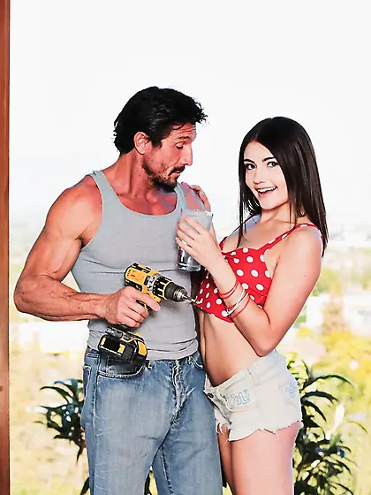 Smiling teen minx seduces a mature handyman on sex and tastes hi