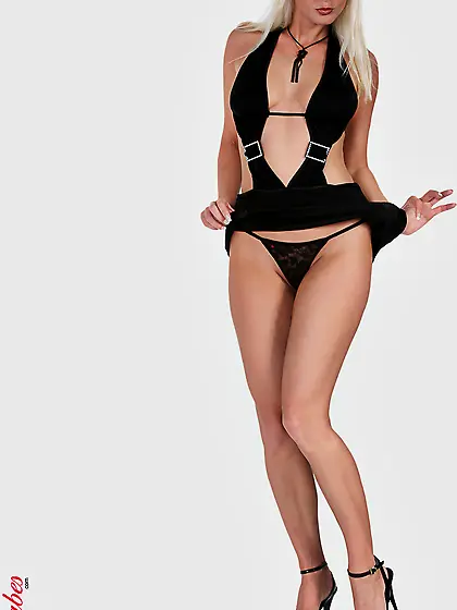 Busty blonde slut Sandra Sanchez strips her slutty black dress a