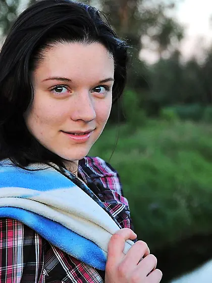 Beautiful teen goes to pond to rest with glass sex toy in shaved