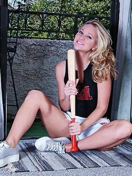 Blonde chick Alexis Malone with baseball bat in hands exposes he