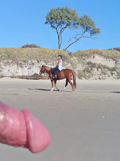 Public erection beach flasher CFNM for horseriders