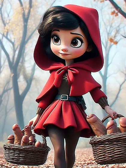 Red Riding Hood gathering mushrooms in the wood