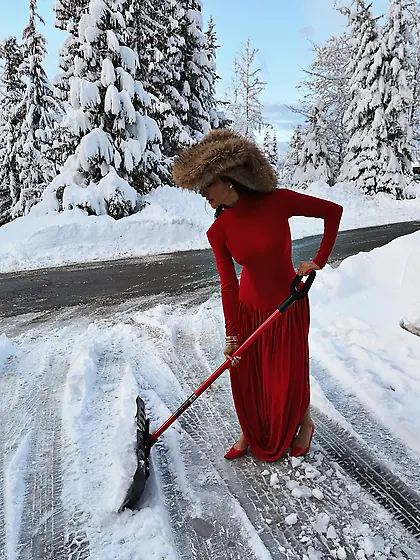 Shay Mitchell in red dress for Christmas