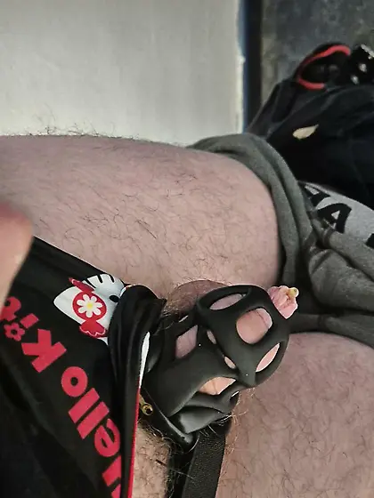 Hello Kitty thong + purple gem plug + leaking cage