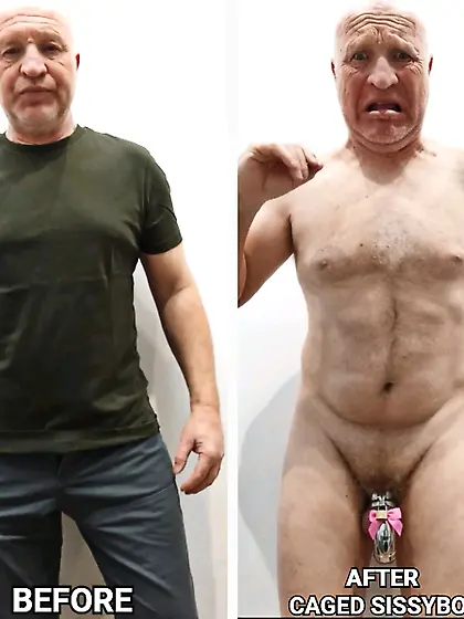 Before and after dumb guy in chastity