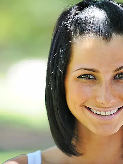 Raven haired smiling teen Jamee FTV in ultra short white dress f