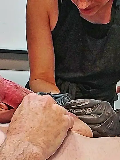 Waxing erection - CFNM.  Happy waxer! 1