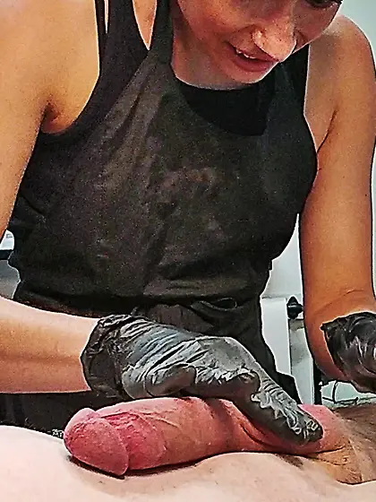 Waxing erection - CFNM.  Happy waxer! 1