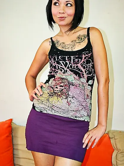Tattooed babe purple skirt