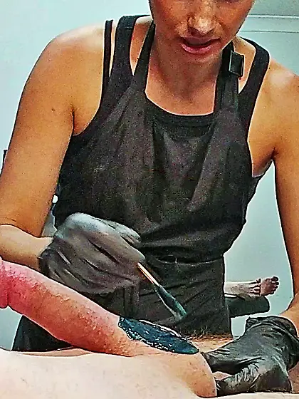 Waxing erection - CFNM.  Happy waxer! 1