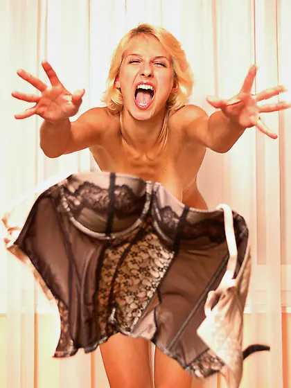 Stacked blonde Zara A takes off her corset after showing off her