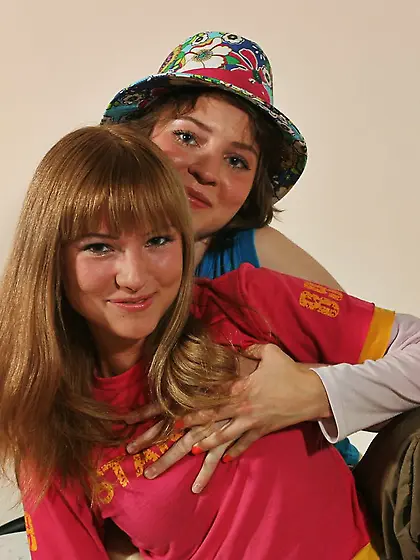 Cute teens Elena E & Larisa handcuff and fuck each other